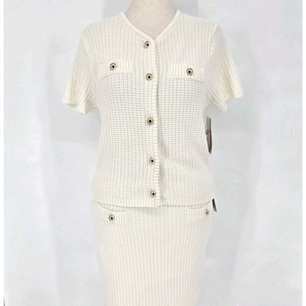 French Connection Cream Knit Cardigan Skirt Set Medium NWT Gold Button 2 Piece N